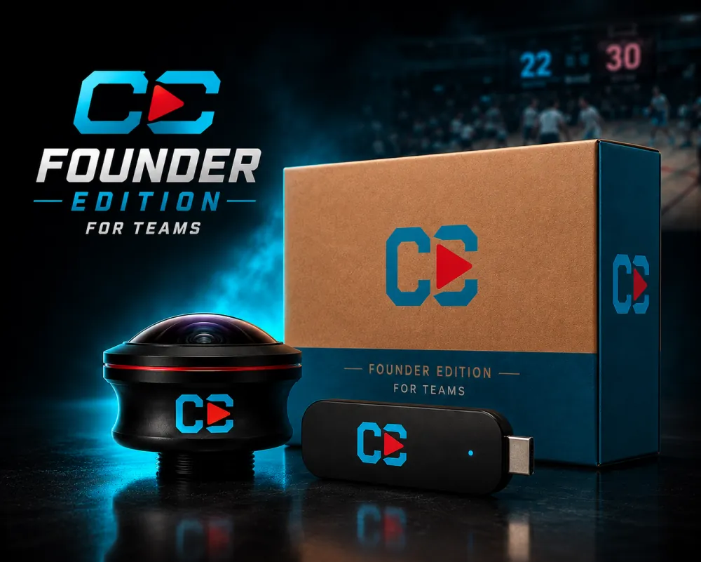The CourtClok Founder Edition for Teams — AI Follow Cam, streaming stick, and box