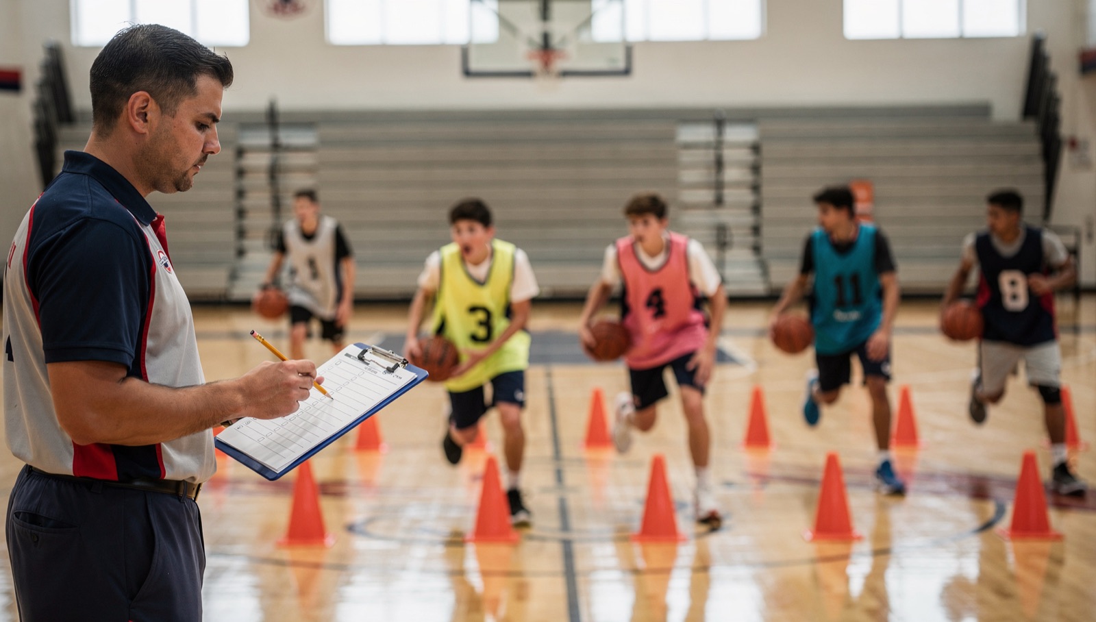 A coach with a clipboard rates numbered players dribbling through cones at a youth basketball tryout