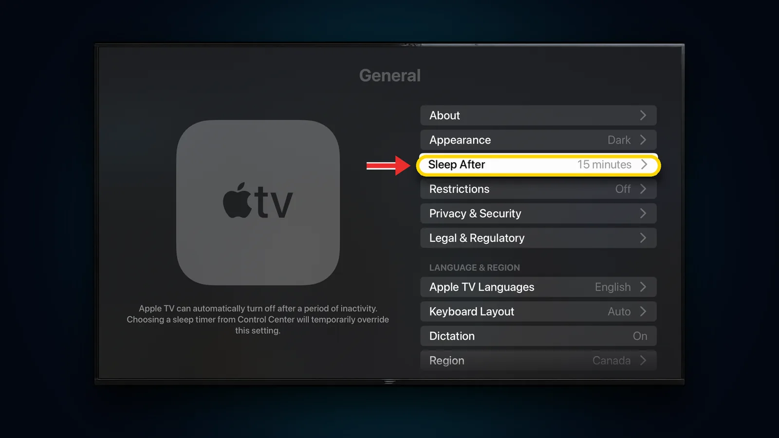 Apple TV General settings with Sleep After highlighted