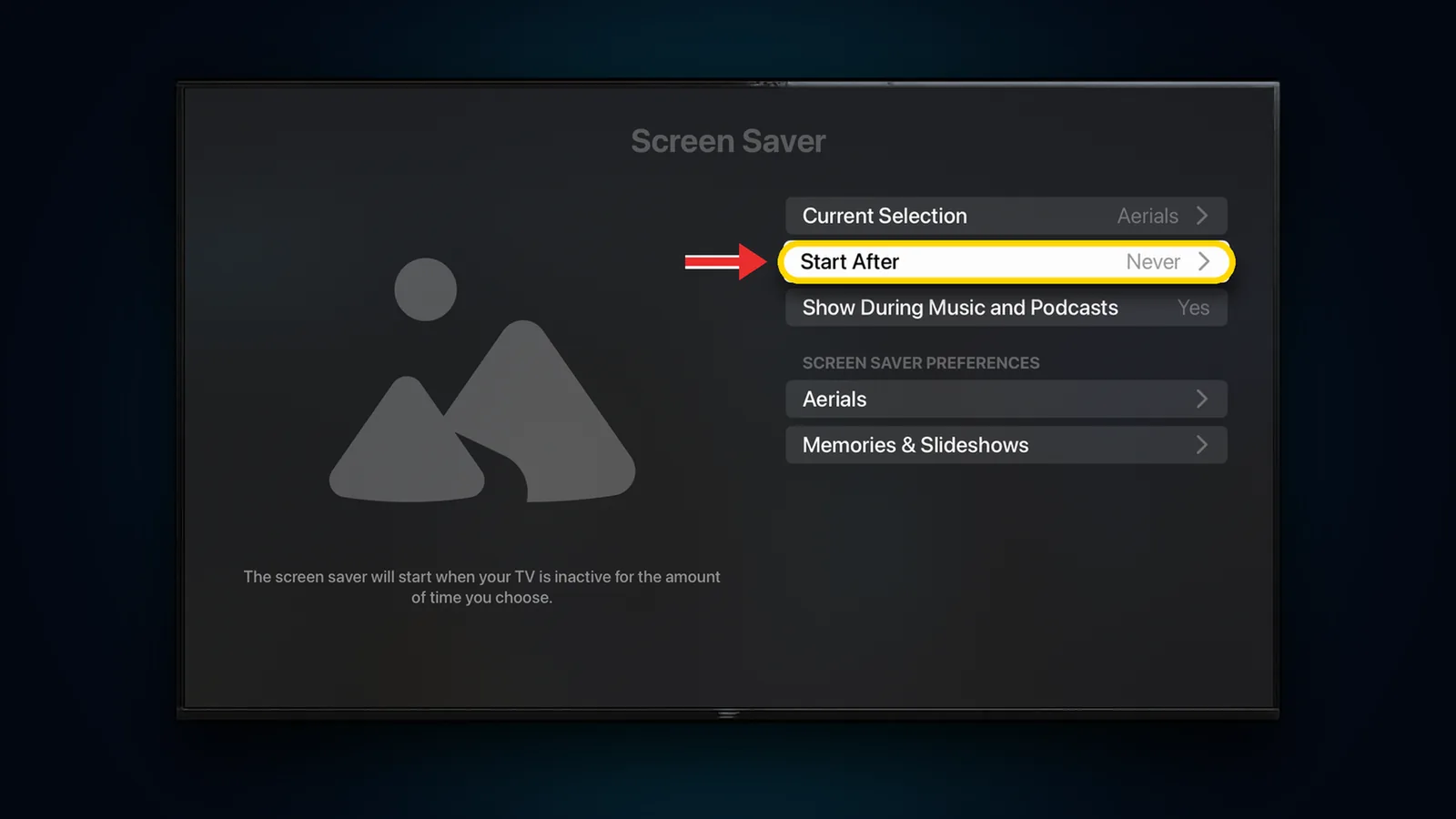Apple TV Screen Saver settings with Start After set to Never