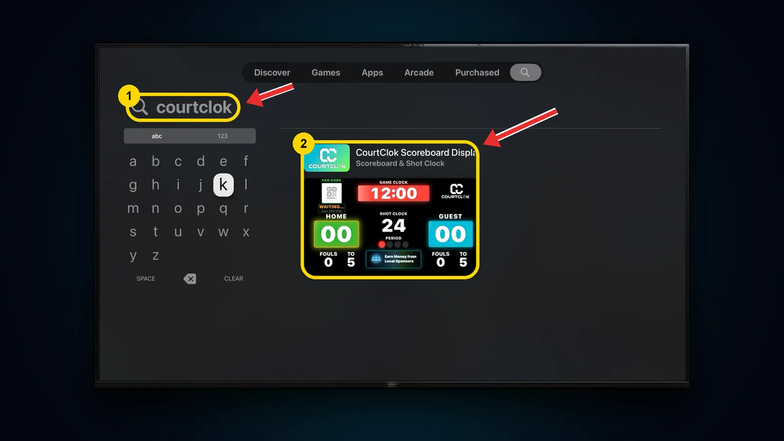 Apple TV App Store search for courtclok showing the CourtClok Scoreboard Display app