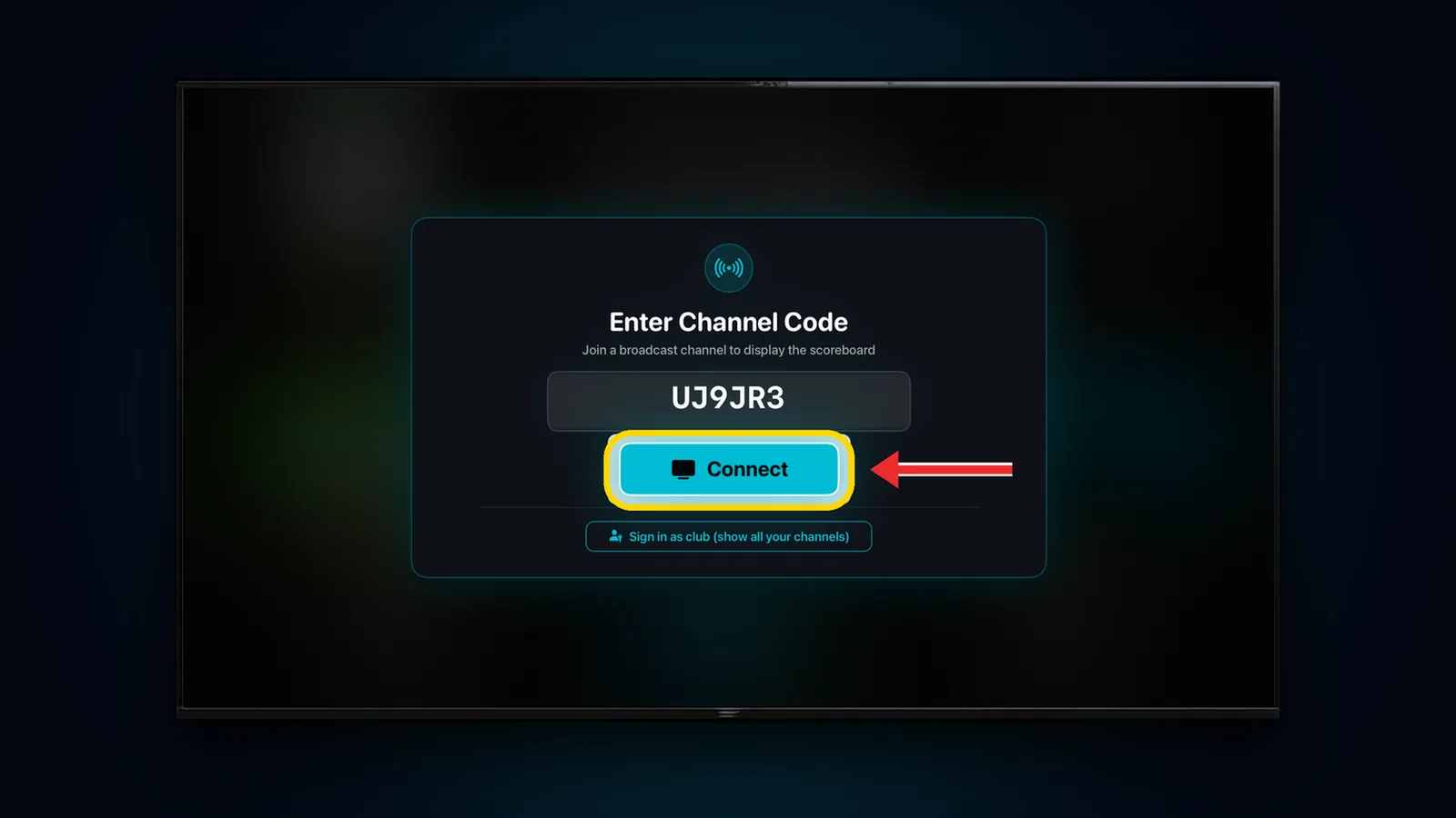Apple TV Enter Channel Code screen with code filled in and Connect highlighted