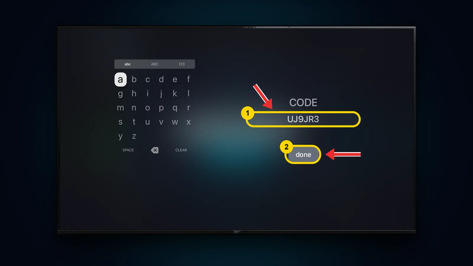 Apple TV keyboard with channel code UJ9JR3 typed and done highlighted