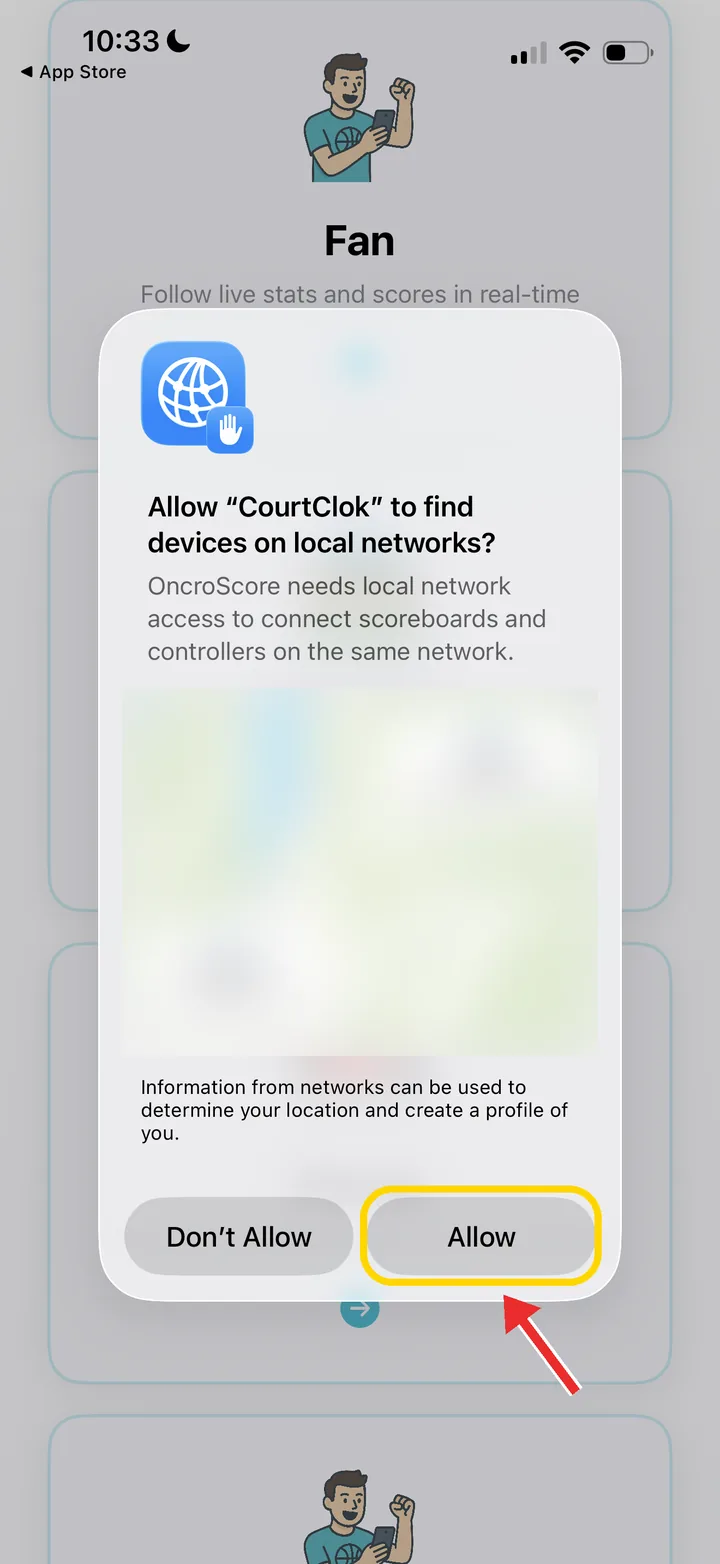 iPhone prompt asking to allow CourtClok to find devices on local networks, with Allow highlighted