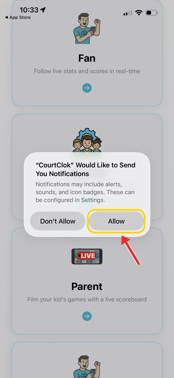 iPhone prompt asking to allow CourtClok notifications, with Allow highlighted