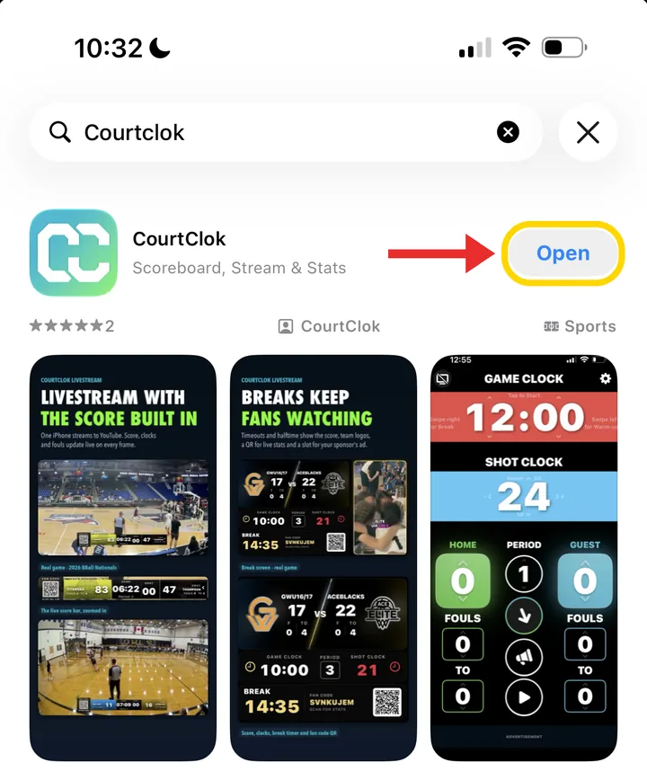 CourtClok installed in the iPhone App Store with the Open button highlighted