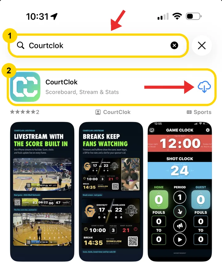 iPhone App Store search for CourtClok with the download button highlighted