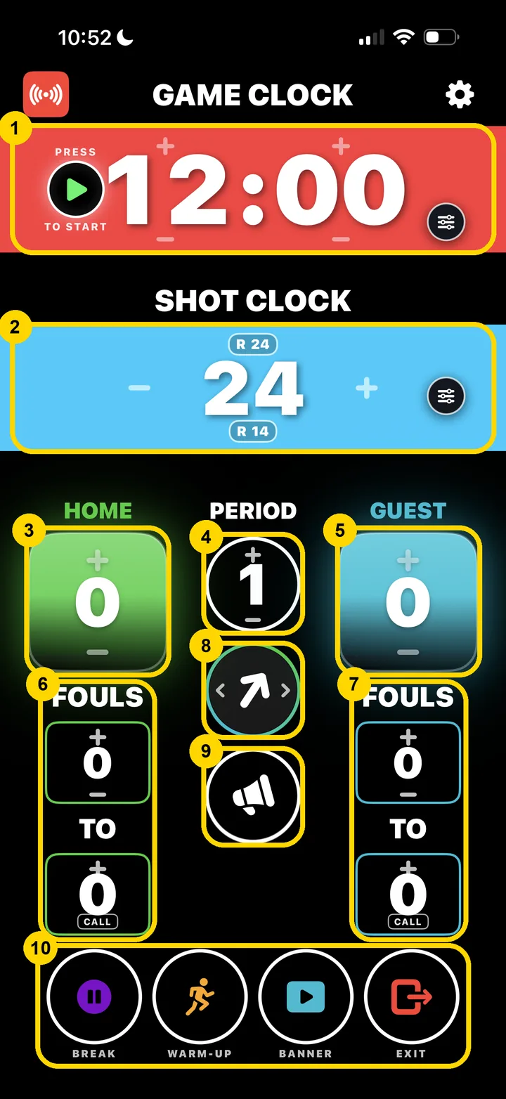 CourtClok basketball controller on iPhone with each control numbered