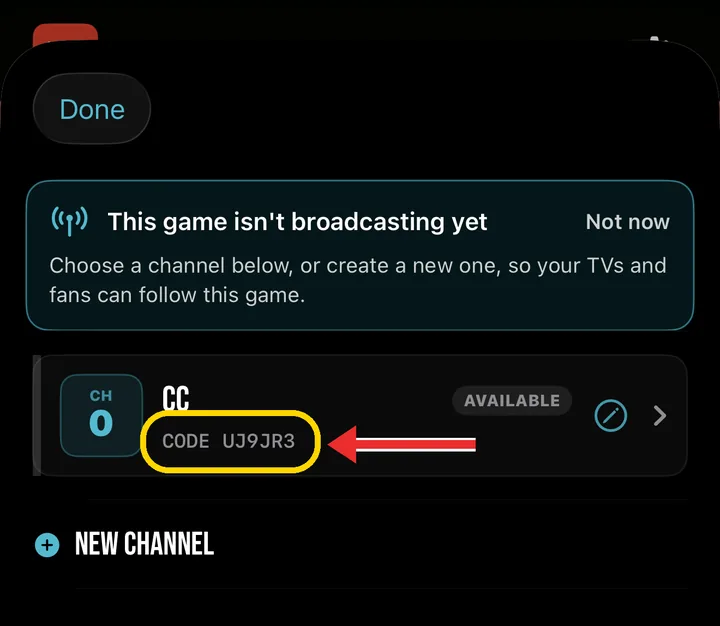 CourtClok channel list on iPhone showing channel code UJ9JR3 highlighted