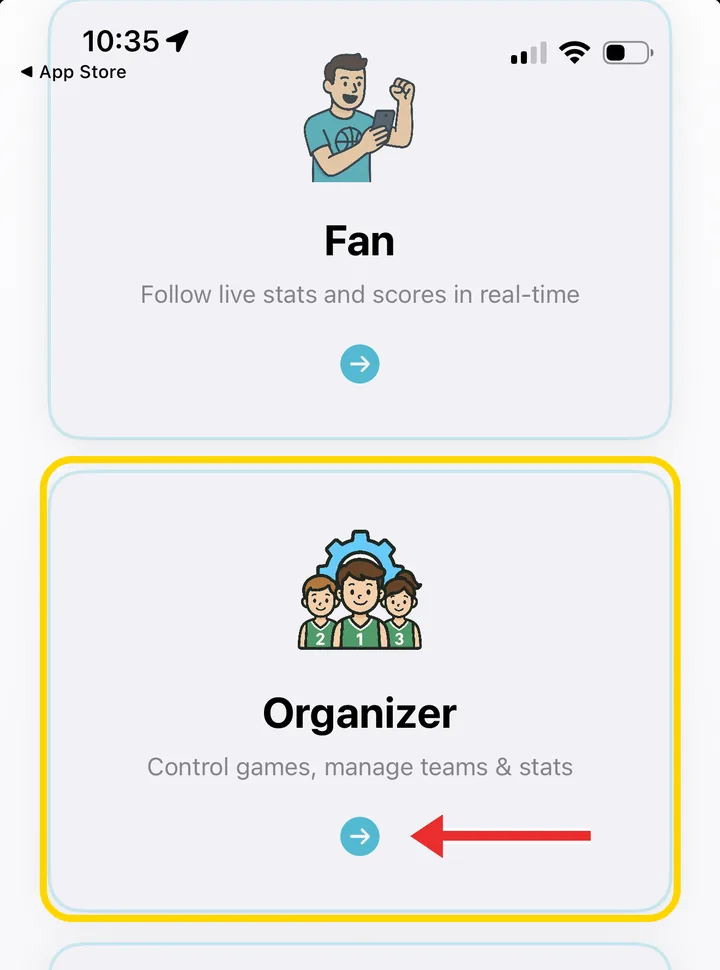 CourtClok role screen with Organizer highlighted