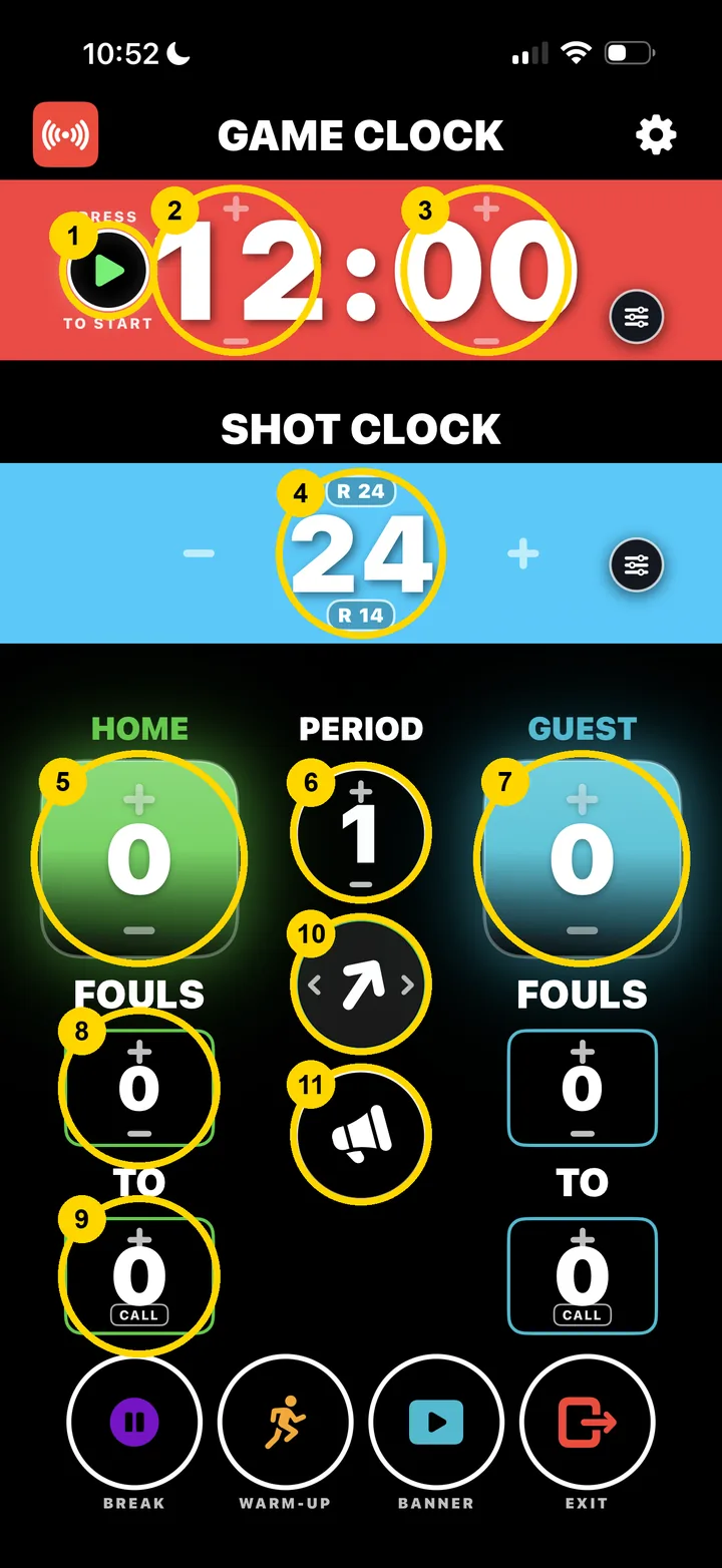 CourtClok controller with numbered circles on play, minutes, seconds, shot clock, scores, period, fouls, timeouts, possession and horn