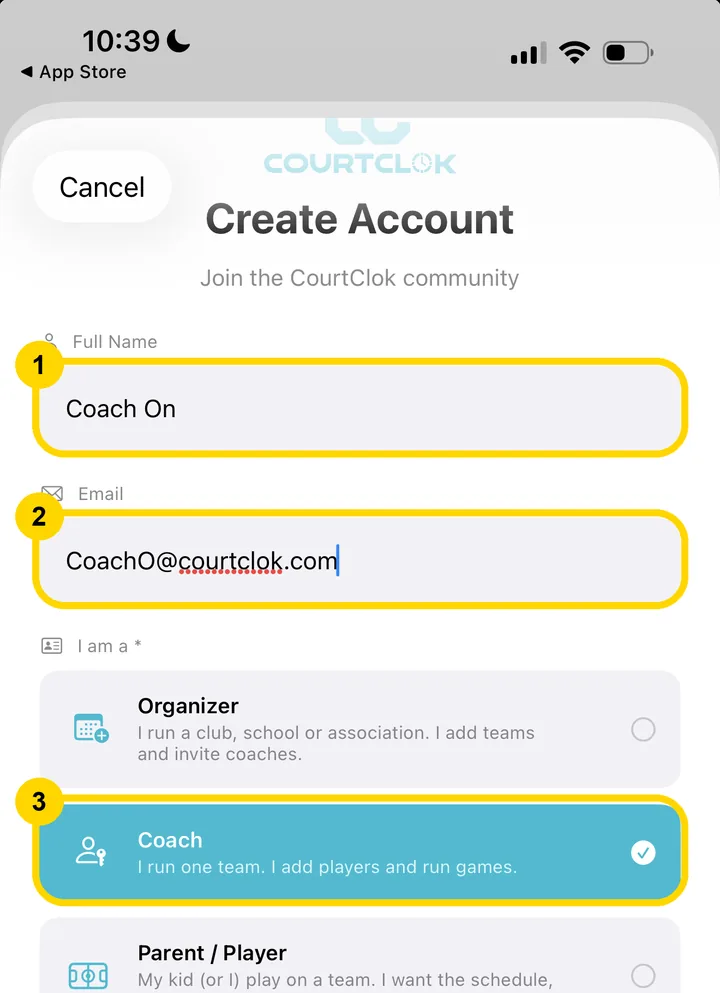 CourtClok Create Account form with Full Name, Email and the Coach role highlighted