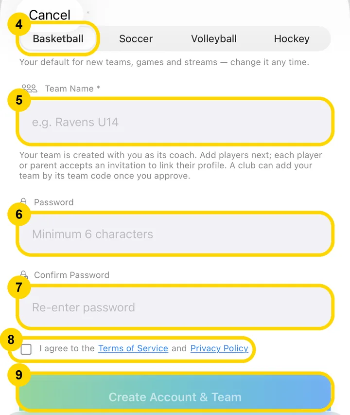 CourtClok Create Account form with sport, team name, password, terms and Create Account and Team highlighted