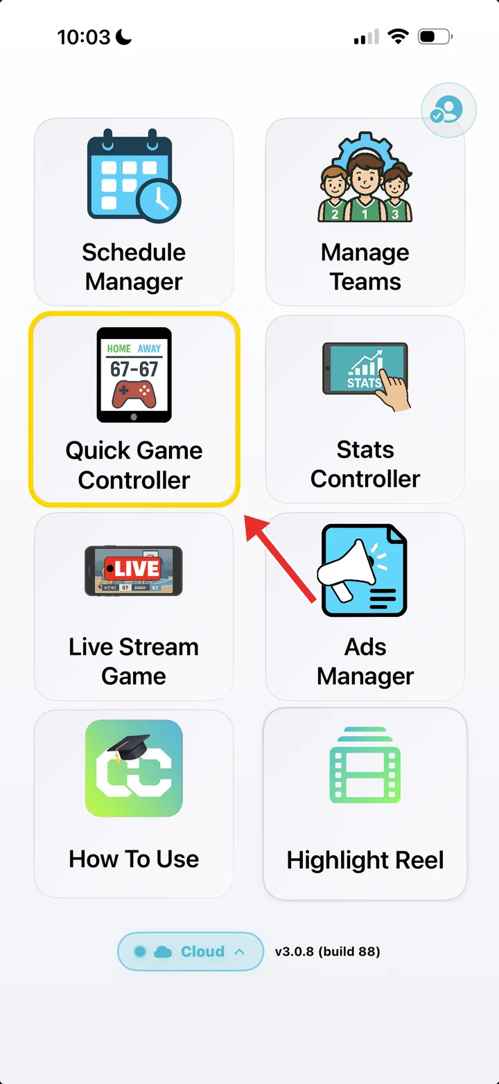 CourtClok iPhone home screen with Quick Game Controller highlighted