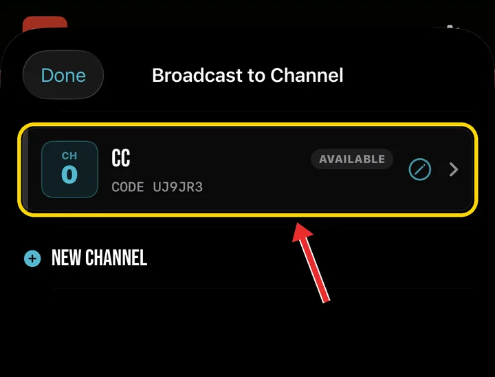 CourtClok Broadcast to Channel list with channel CC highlighted to tap