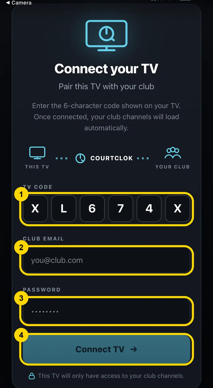 CourtClok Connect your TV page with code, email, password and Connect TV highlighted