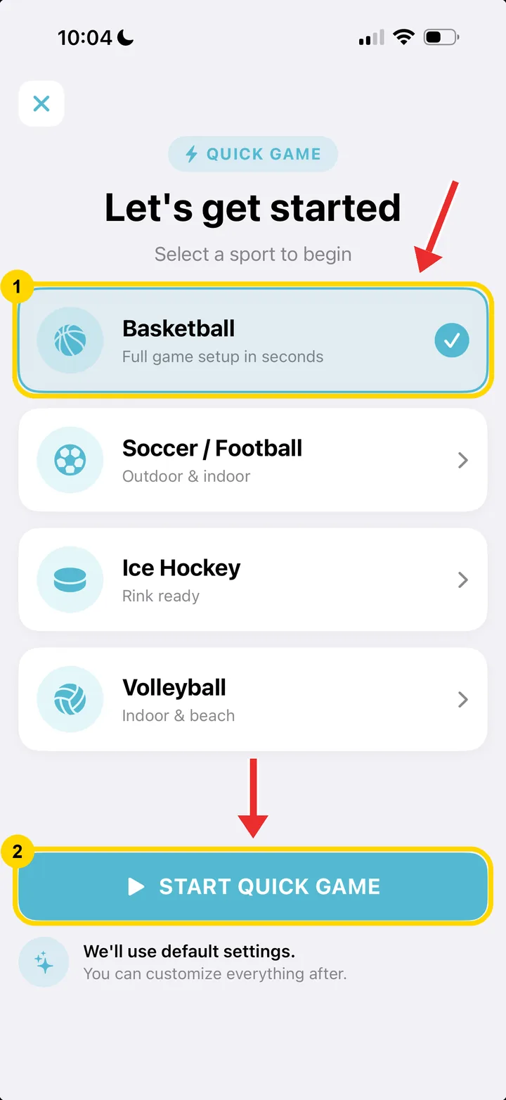 CourtClok Quick Game screen with Basketball selected and Start Quick Game highlighted