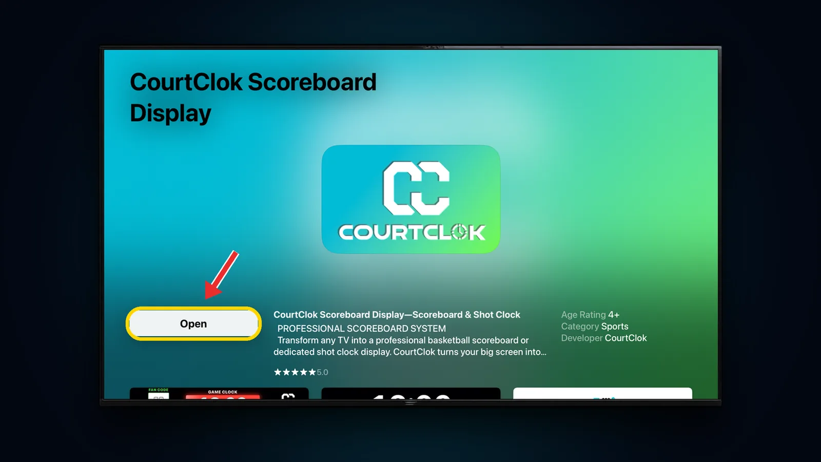 CourtClok Scoreboard Display app page in the Apple TV App Store with the Open button highlighted