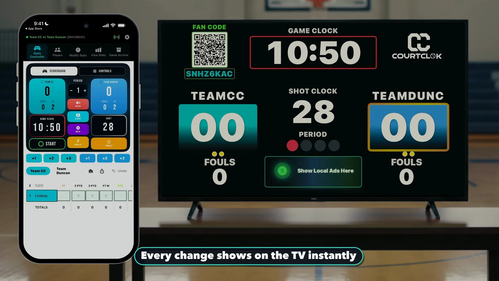 Every change on the iPhone controller shows on the TV basketball scoreboard straight away