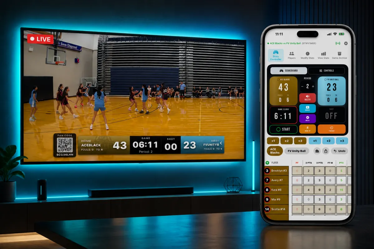 CourtClok livestream on a TV with the phone stats controller