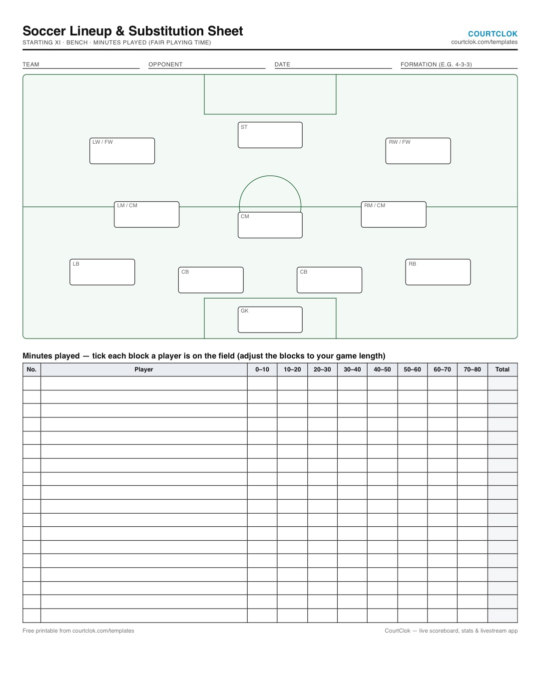 Soccer lineup sheet with a pitch diagram for eleven positions and a minutes-played grid in ten-minute blocks